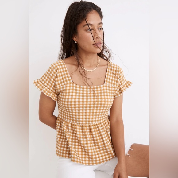 Madewell Tops - Madewell Gingham Knit Ruffle-Hem Top Yellow Mustard Plaid Peplum Size L